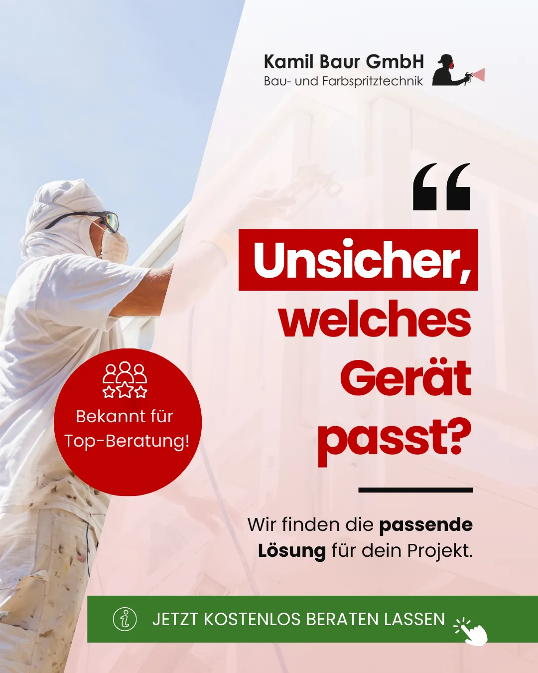 Social Media Ad "Unsicher welches Gerät passt" für Farbspritztechnik. Lead-Generierung und Beratungsangebot gestaltet von Agentur Reuber.