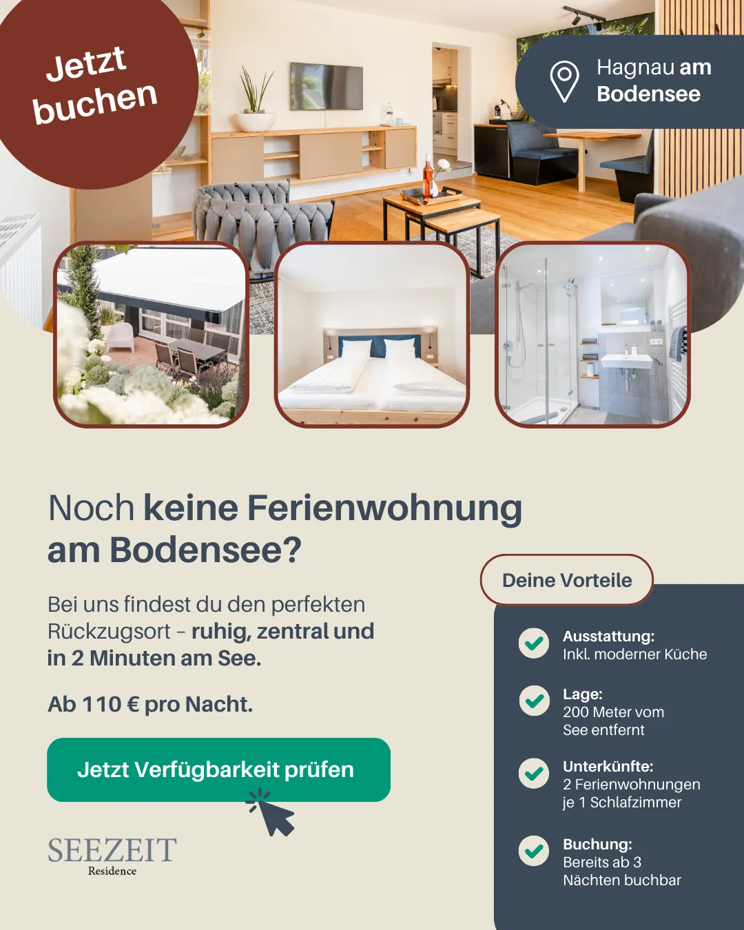 Werbebanner "Jetzt Verfügbarkeit prüfen" für Seezeit Residence Bodensee, mit Auflistung der Vorteile wie ruhige Lage und moderne Ausstattung. Referenz Agentur Reuber.