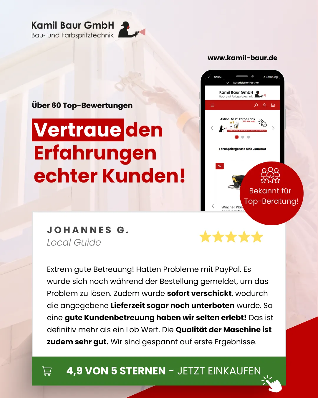 Retargeting Anzeige mit Kundenbewertung "Extrem gute Betreuung" für Kamil Baur Shop. Social Proof Marketing Design von Agentur Reuber.