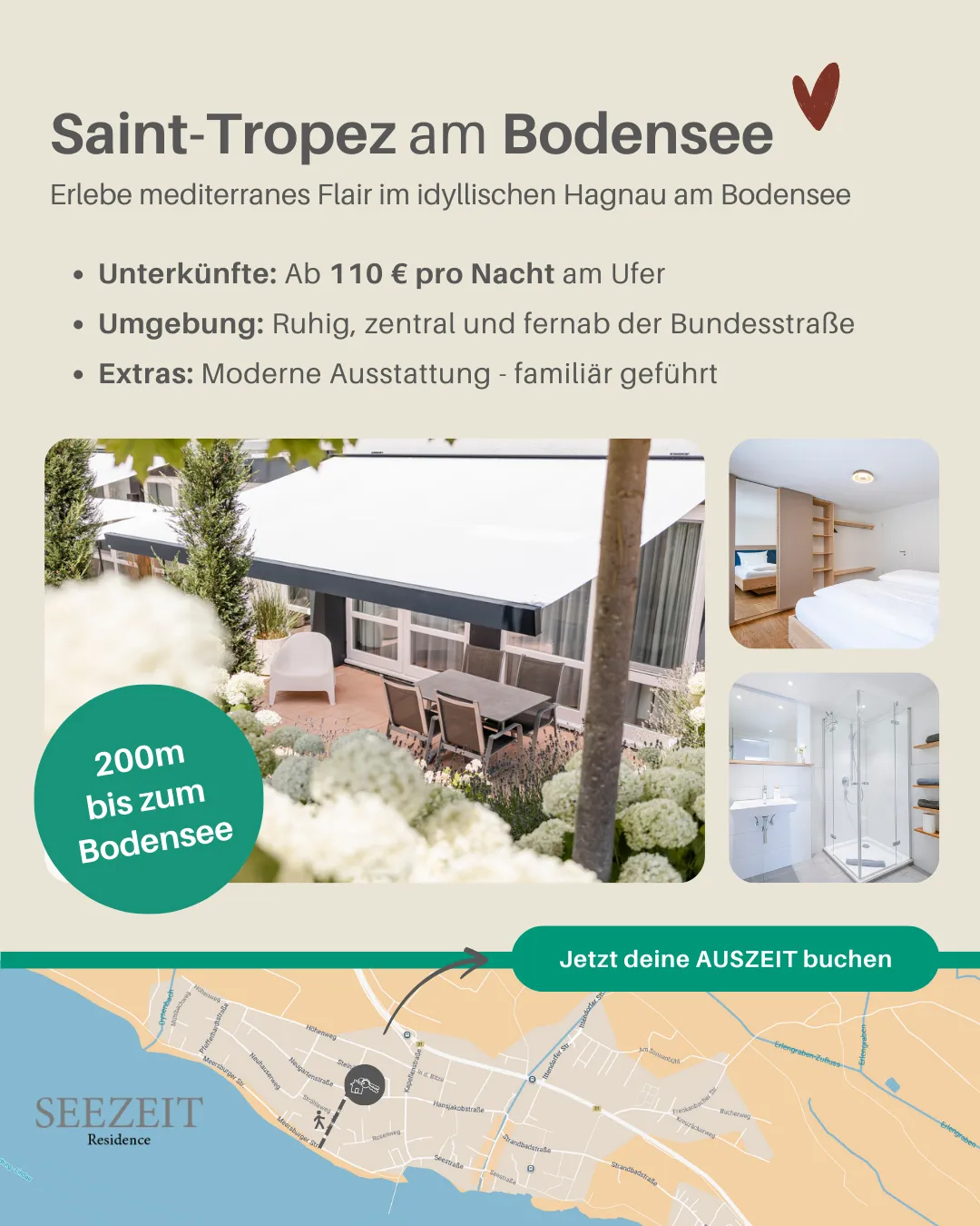 Emotionales Werbebild "Saint-Tropez am Bodensee" für Seezeit Residence, mit Standort-Karte von Hagnau und Bildern der Unterkunft. Design von Agentur Reuber.