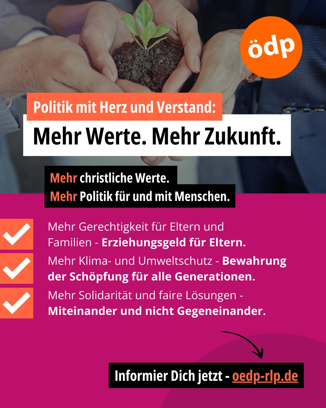 ÖDP Anzeige "Mehr Werte. Mehr Zukunft." mit Händen die eine Pflanze halten – Emotionales Marketing Agentur Reuber