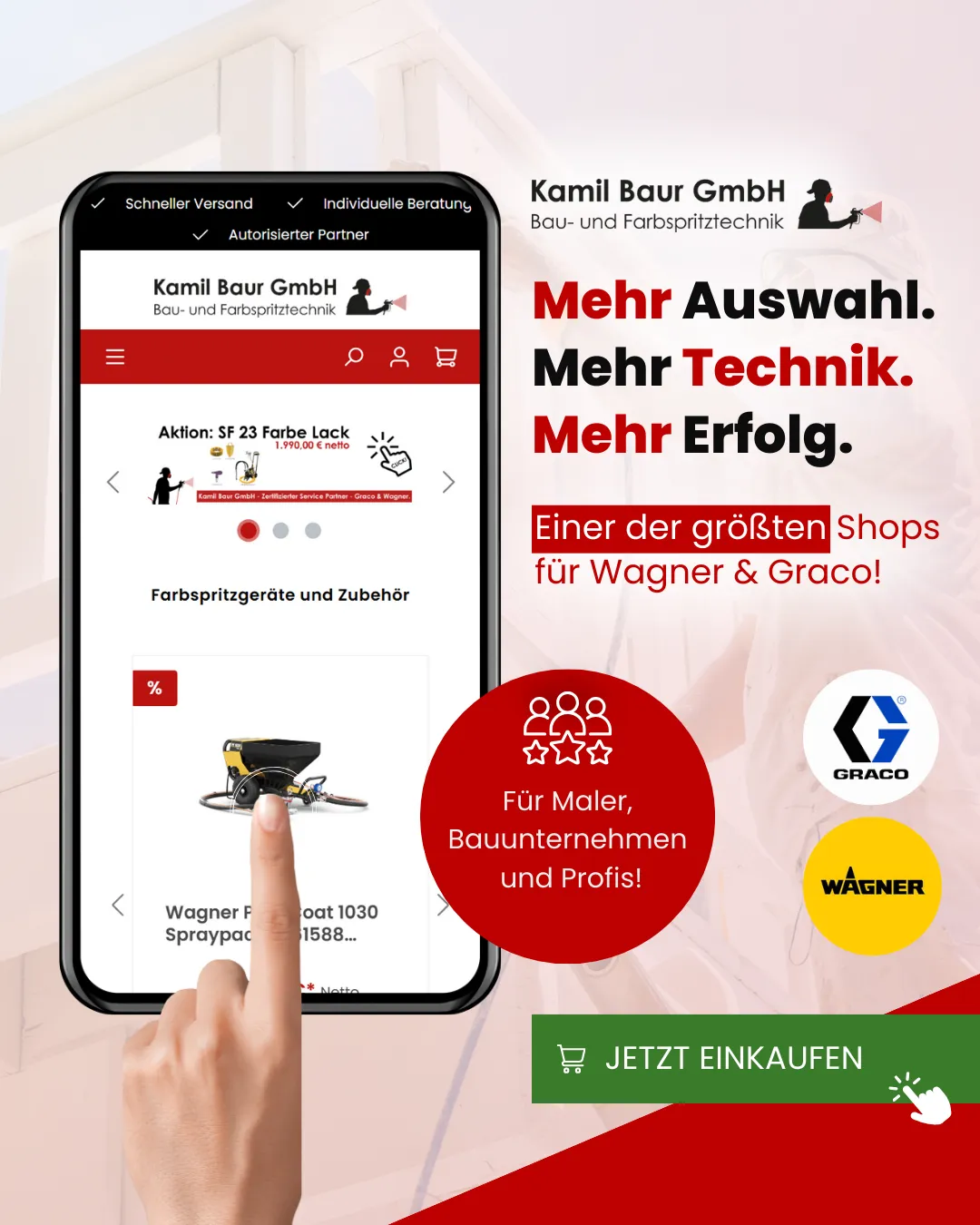 Werbebanner "Mehr Auswahl, Mehr Erfolg" für Kamil Baur, zeigt mobile Shop-Ansicht und Logos von Wagner und Graco. E-Commerce Design Agentur Reuber.