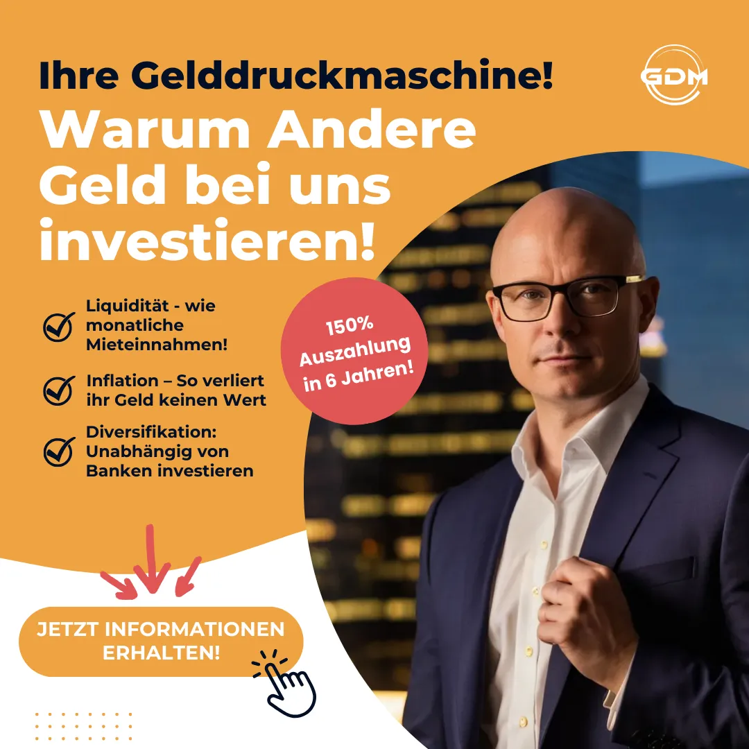 GDM Social Ad — Inhaber-Pitch mit drei USP-Bullets (Liquidität, Inflations-Schutz, Diversifikation) und 150% Auszahlung