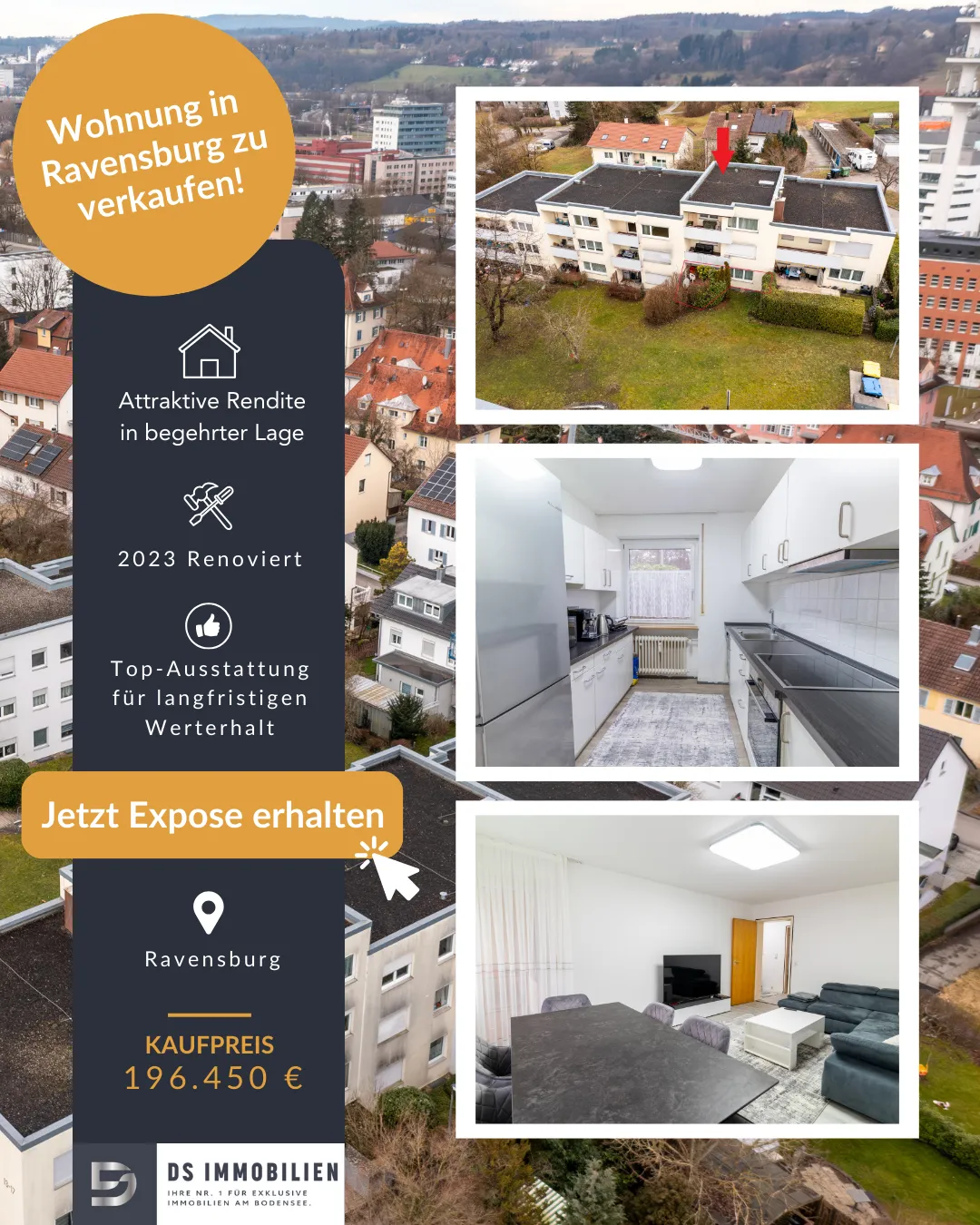 DS Immobilien Social Ad — Wohnung in Ravensburg zu verkaufen mit drei Innenraum-Bildern