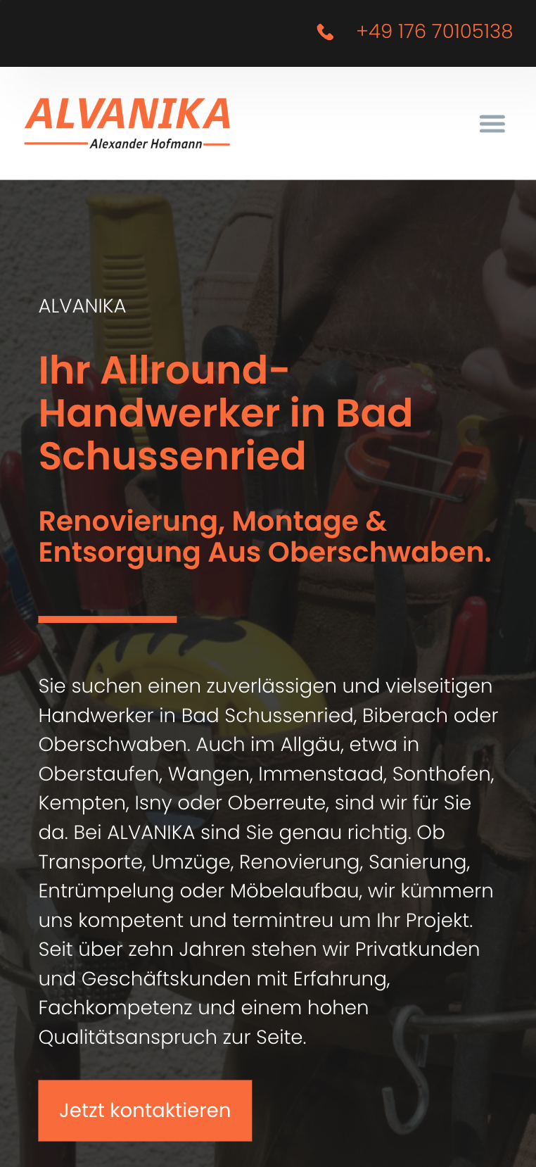 Mobile Hero-Ansicht der Website von Alvanika Handwerks Dienstleistungen (Bad Schussenried)
