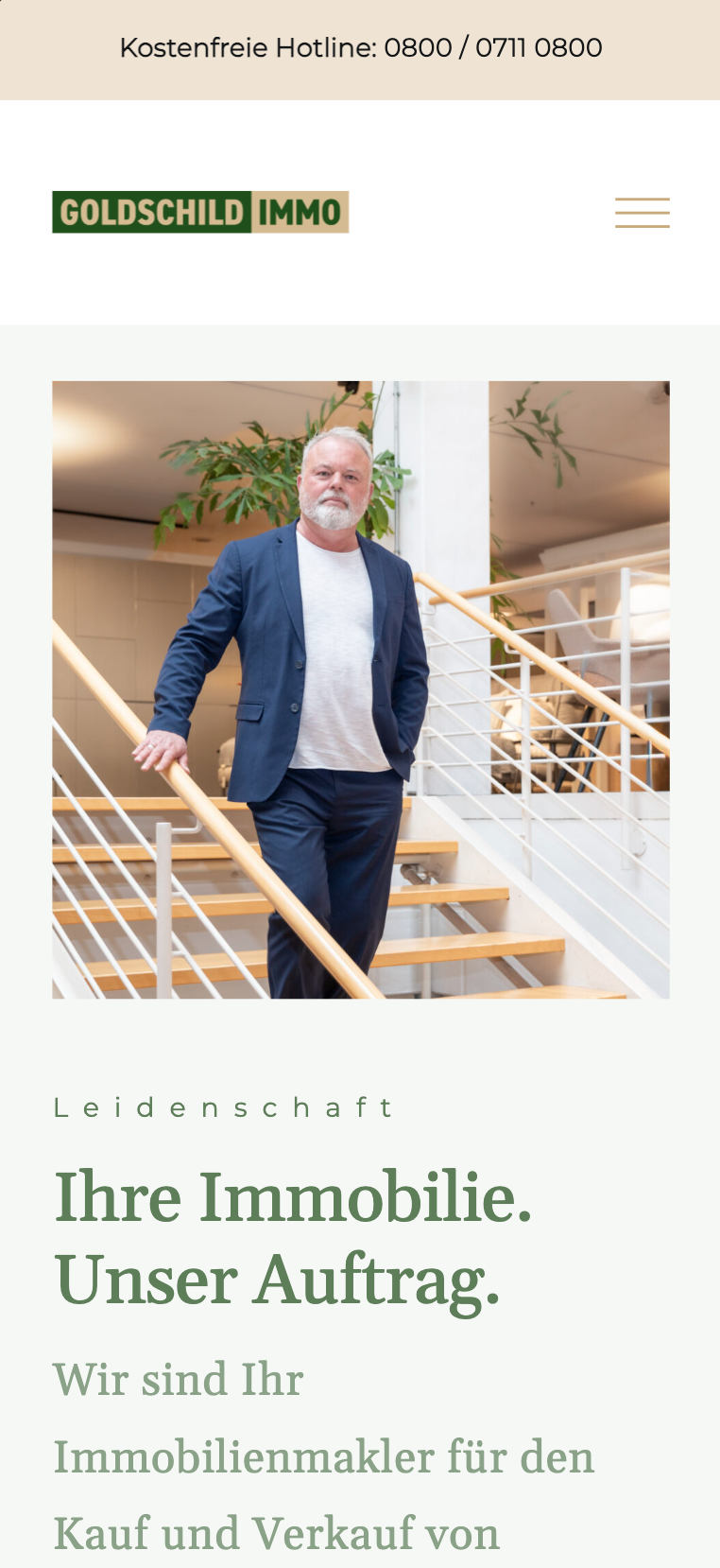 Mobile Hero-Ansicht der Website von Goldschild Immobilien (Andreas Drobe)