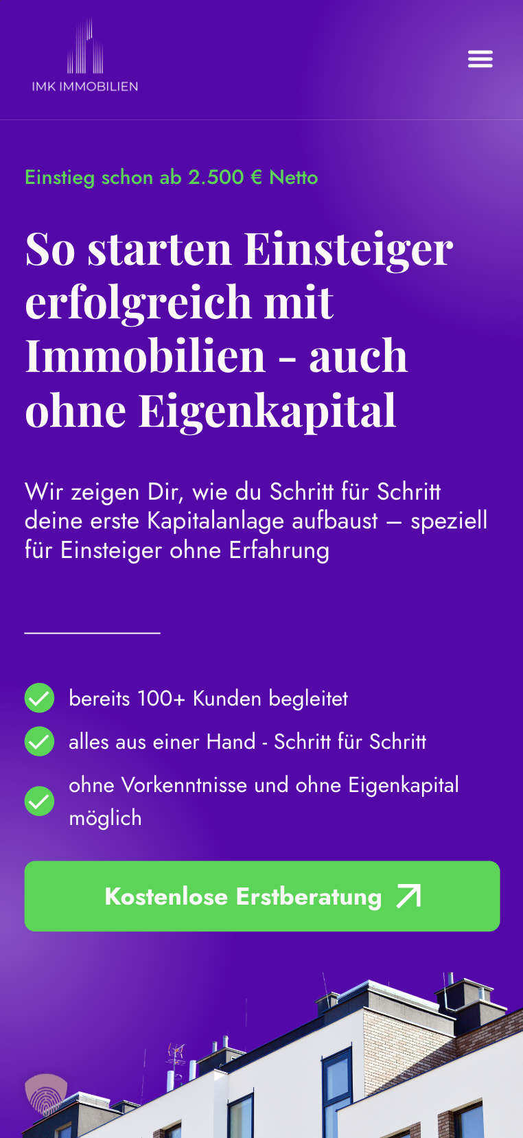 Mobile Hero-Ansicht der Website von Imk Immo