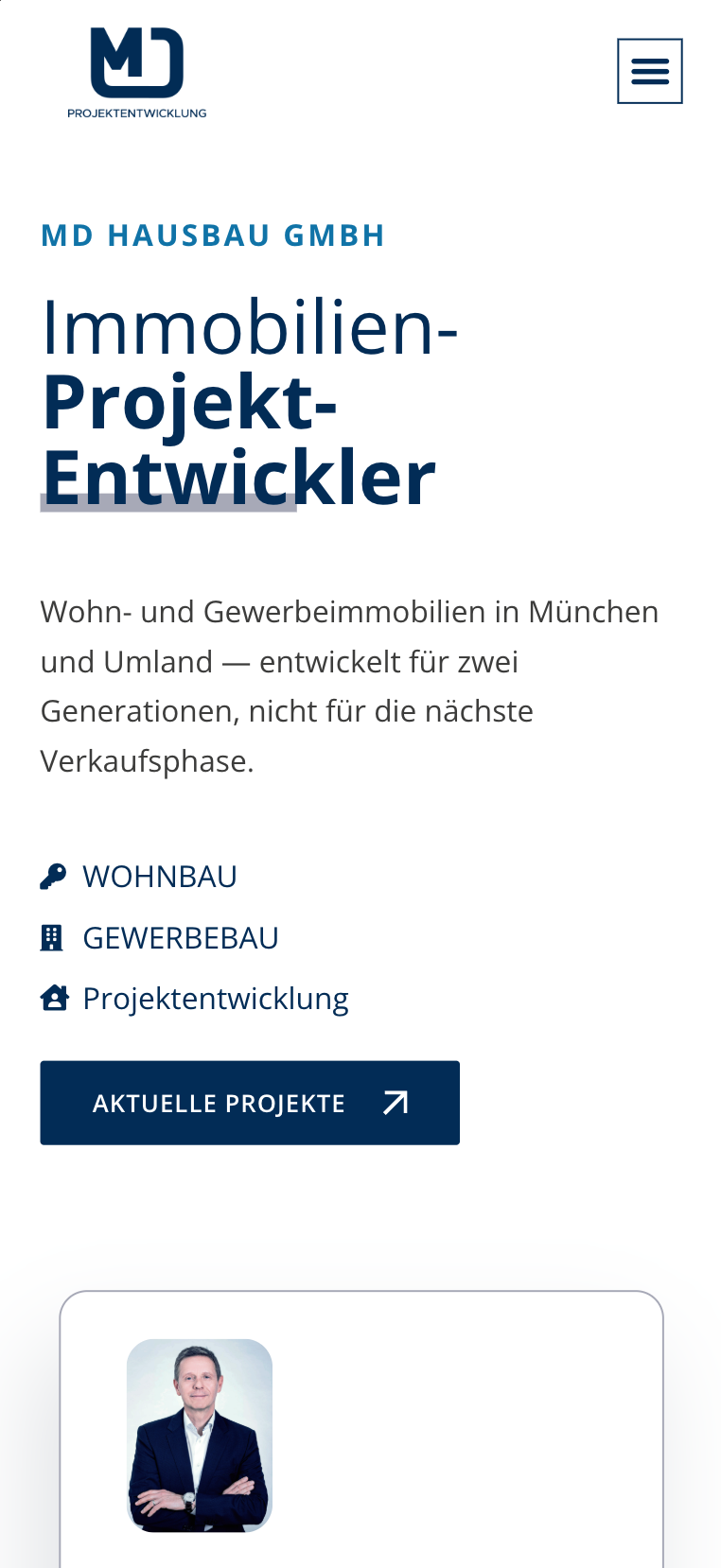 Mobile Hero-Ansicht der Website von MD Hausbau