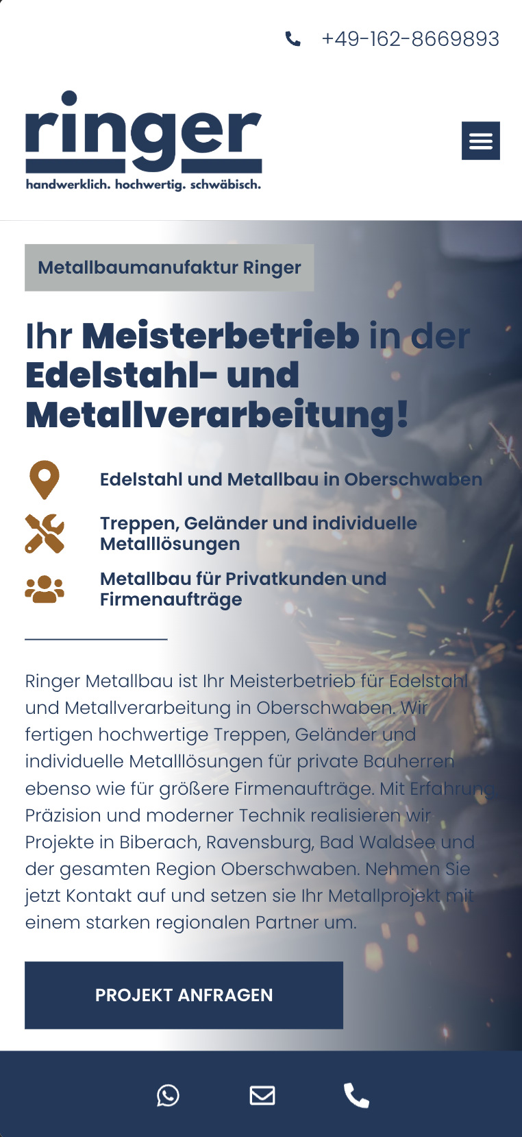 Mobile Hero-Ansicht der Website von Metallbau Ringer (Inhaber Philipp Ringer)
