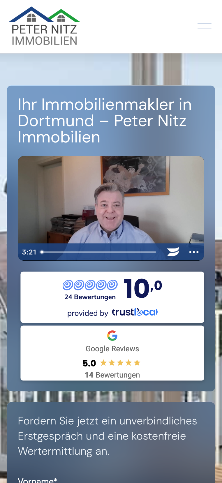 Mobile Hero-Ansicht der Website von Peter Nitz Immobilien