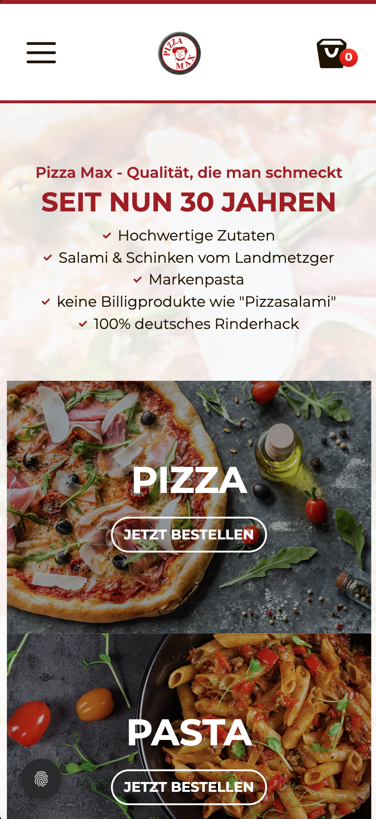 Mobile Hero-Ansicht der Website von Pizza Max Weingarten