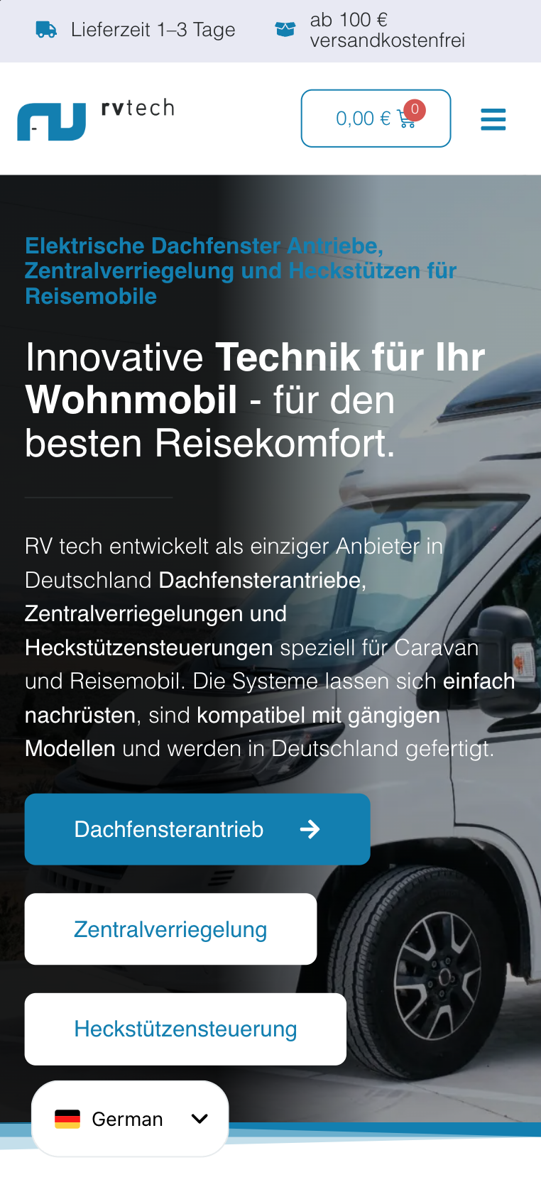 Mobile Hero-Ansicht der Website von RV Tech